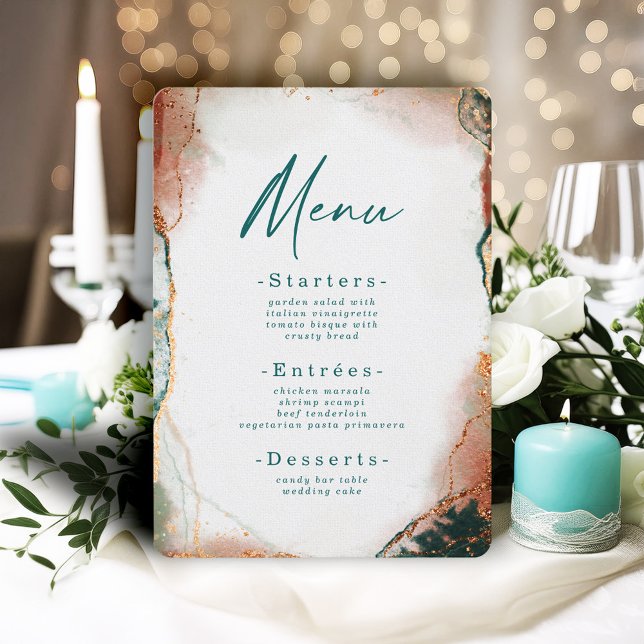 Menu Aquarelle Abstraite moderne Turquoise et Mariage e (Modern Teal and Copper Wedding Reception Menu)
