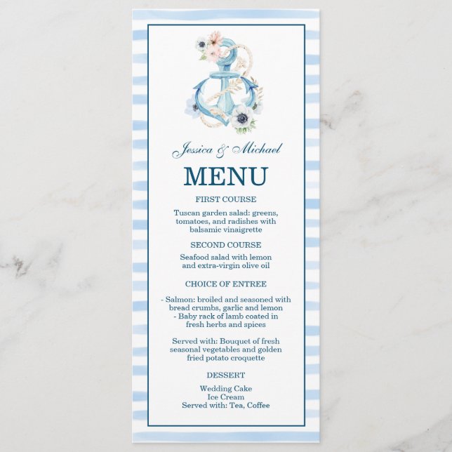 Menu Aquarelle Ancre florale marine Bleu Bleu (Devant)