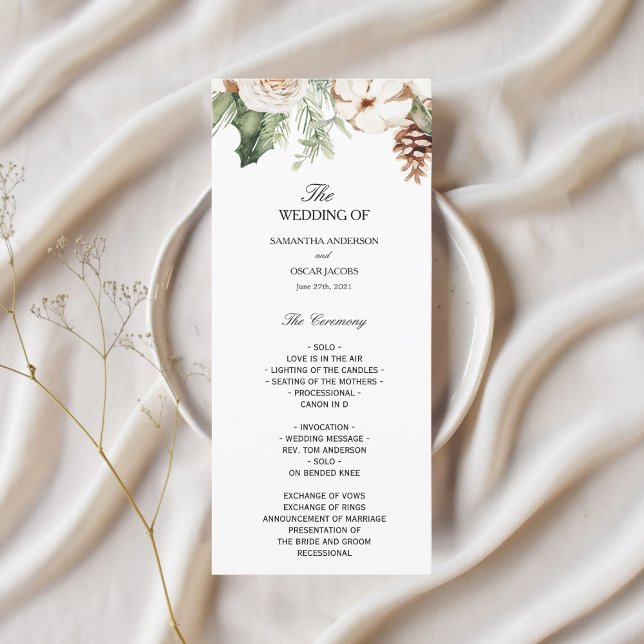 Menu Aquarelle Arbre de pin vert d'hiver et fleurs blan (Créateur téléchargé)