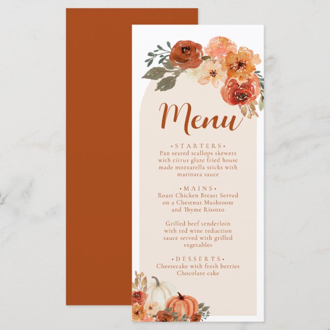 Menu Aquarelle Automne Floral Rustique Dîner Citrouille (Devant / Derrière)
