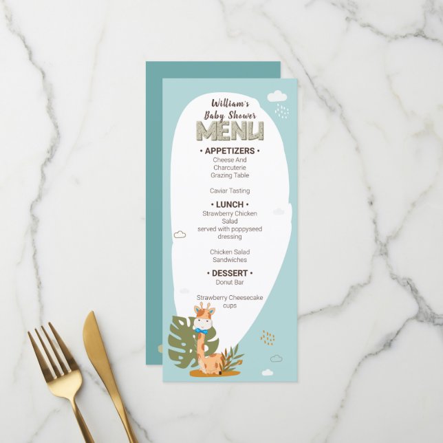 Menu Aquarelle bébé Giraffe, Baby shower (Devant/Arrière en situation)