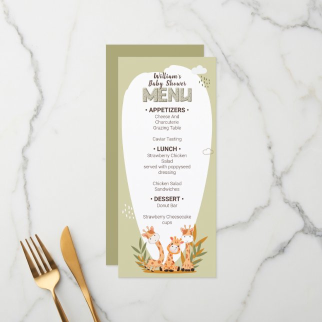 Menu Aquarelle bébé Giraffe, Baby shower (Devant/Arrière en situation)