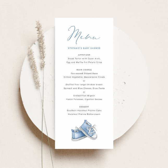 Menu Aquarelle Bleu Chaussures bébé C'est un Baby showe (Créateur téléchargé)