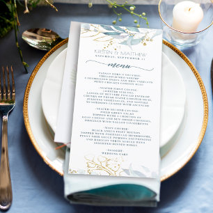 Menu Aquarelle Bleu Dusty Floral Or Elégant Mariage