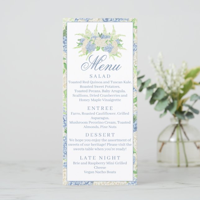 Menu Aquarelle Bleu et Blanc Hydrangea Crest (Debout devant)