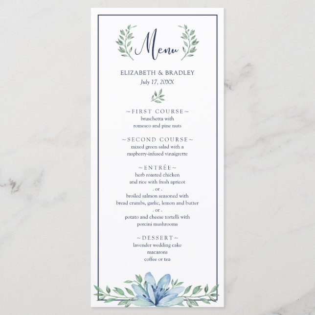 Menu Aquarelle Bleu Floral Mariage (Devant)