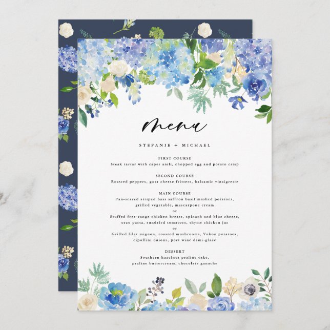 Menu Aquarelle bleu Hydrangea Garland Mariage (Devant / Derrière)