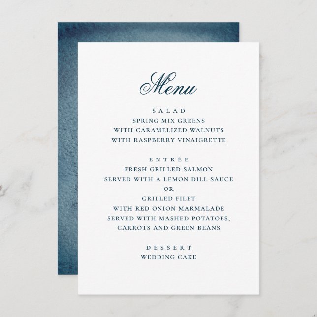 Menu Aquarelle bleu marine simple mariage nautique (Devant / Derrière)