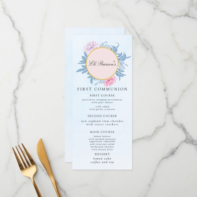 Menu Aquarelle bleu poussiéreuse Première communion Suc (Devant/Arrière en situation)