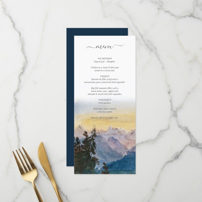 Menu Aquarelle Blue Mountains Pine Mariage (Devant/Arrière en situation)