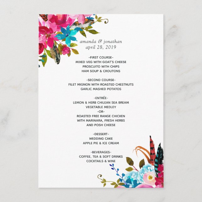 Menu Aquarelle Boho Chic Floral Mariage (Devant)