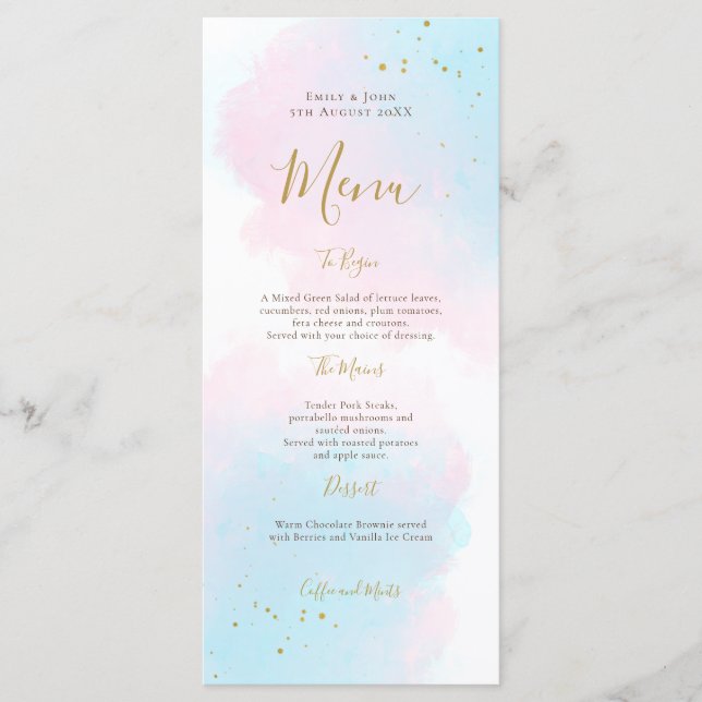 Menu Aquarelle couleur bleu rose blanc Mariage doré (Devant)