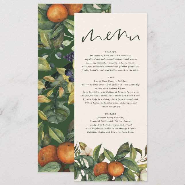 Menu Aquarelle d'agrumes orange mariage floral botaniqu (Devant / Derrière)