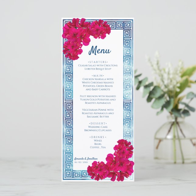 Menu Aquarelle Élégance grecque + Fleurs roses (Debout devant)