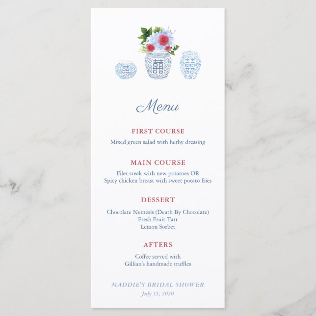 Menu Aquarelle Elegant Rouge Blanc Bleu Wedding shower (Devant)