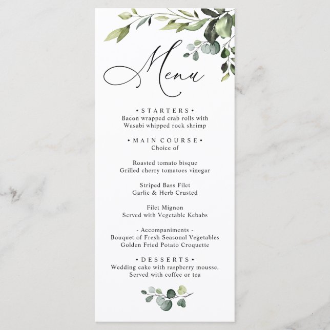 Menu Aquarelle Eucalyptus Verdure Dîner Mariage (Devant)