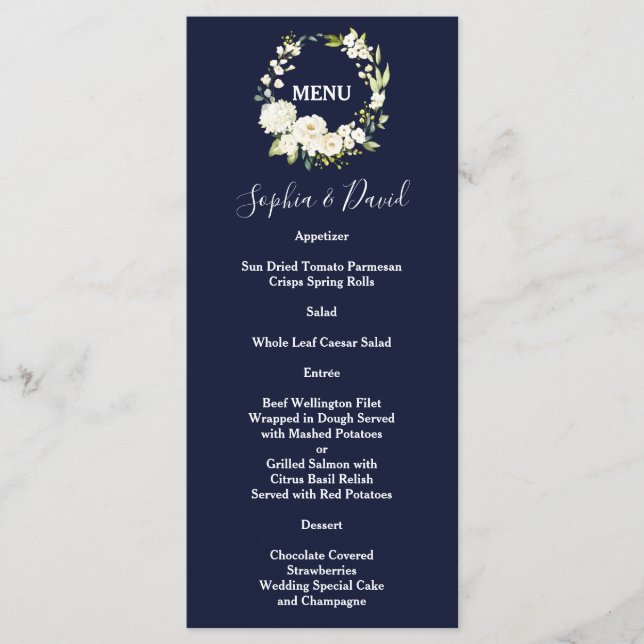 Menu Aquarelle Fleurs blanches Mariage de couronne vert (Devant)
