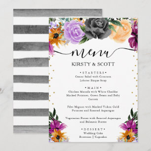 Menu Aquarelle Fleurs Mariage Violet Orange Noir