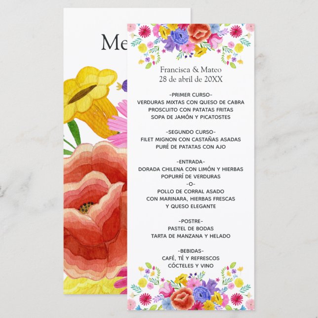 Menu Aquarelle Floral espagnol Mariage Fiesta (Devant / Derrière)