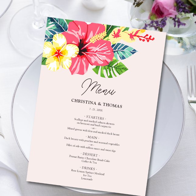 Menu Aquarelle Floral Hibiscus Mariage tropical (Créateur téléchargé)