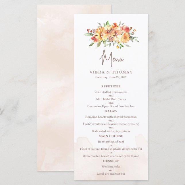 Menu Aquarelle Floral Mariage (Devant / Derrière)