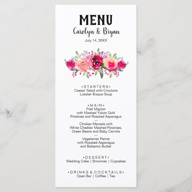 Menu Aquarelle Floral Mariage (Devant)