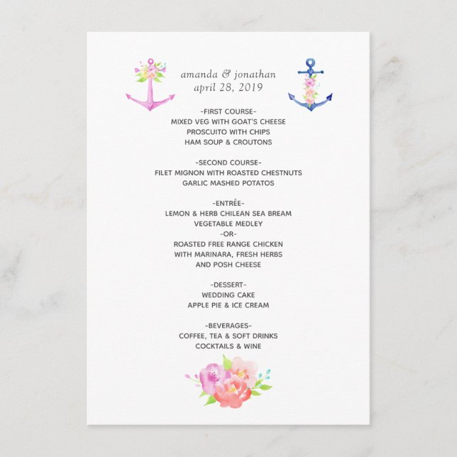 Menu Aquarelle Floral Mariage nautique (Devant)