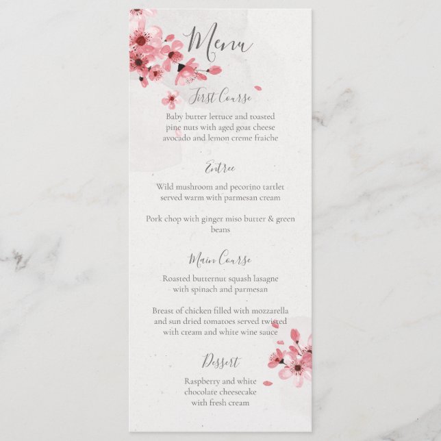 Menu Aquarelle Floral rose cerisier Mariage (Devant)