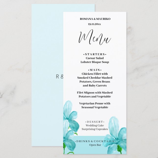 Menu Aquarelle florale bleu Iris artistique peinte à la (Devant / Derrière)
