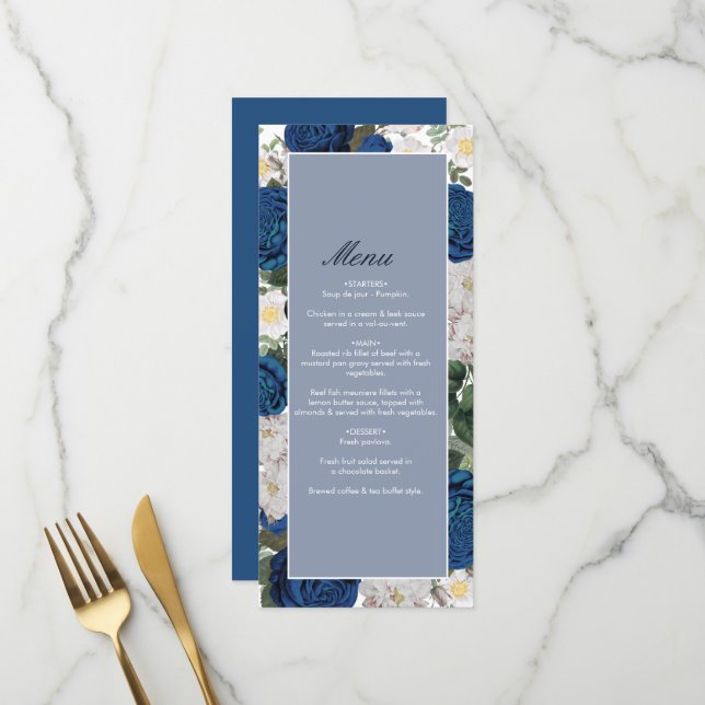Menu Aquarelle Florale Bleue Moderne Mariage élégant (Devant/Arrière en situation)