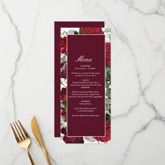 Menu Aquarelle florale bourguignonne moderne Mariage él (Devant/Arrière en situation)