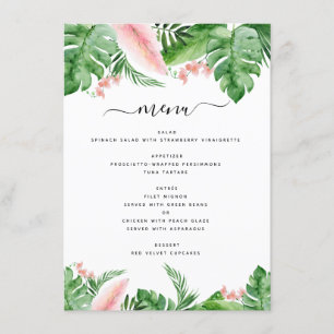 Menu Aquarelle florale de palme tropicale Mariage rose 