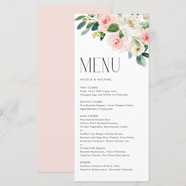Menu Aquarelle Jolie Fleurs de Jardin Mariage de printe (Devant / Derrière)