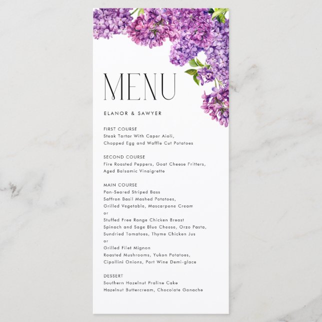 Menu Aquarelle Lilac Fleurs Mariage botanique (Devant)