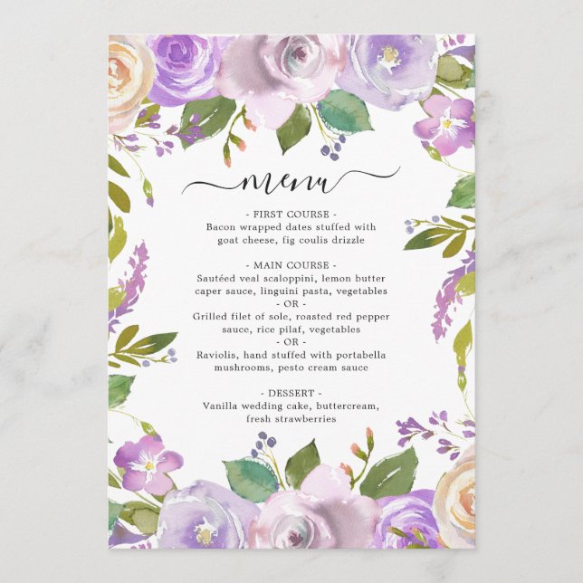 Menu Aquarelle Lilac Floral Mariage élégant (Devant)