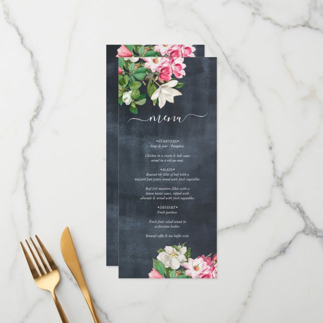 Menu Aquarelle Magnolia Fleurs Mariage Noir Blanc (Devant/Arrière en situation)