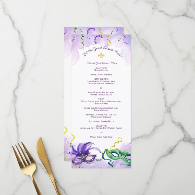 Menu Aquarelle Mardi Gras, fête du mardi gras (Devant/Arrière en situation)