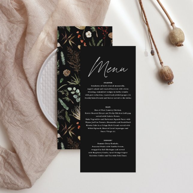 Menu aquarelle mariage botanique florale noir moody (Créateur téléchargé)