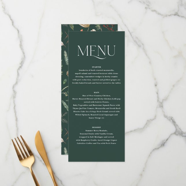 Menu aquarelle mariage botanique vert floral moody (Devant/Arrière en situation)