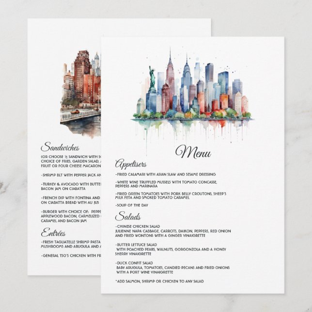 Menu Aquarelle Mariage New York (Devant / Derrière)