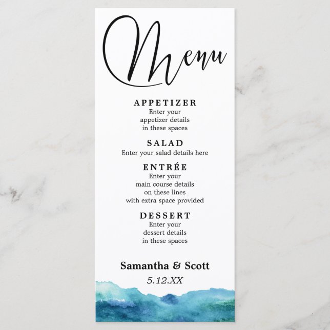 Menu Aquarelle moderne Abstrait bleu vert Aqua (Devant)