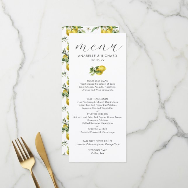 Menu Aquarelle moderne Citrus Mariage (Devant/Arrière en situation)