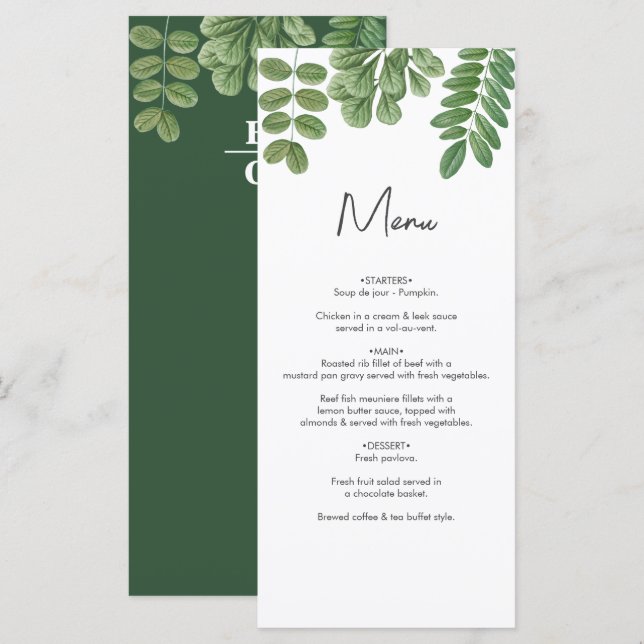 Menu Aquarelle moderne vert émeraude Mariage vert émera (Devant / Derrière)