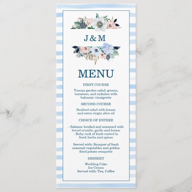 Menu Aquarelle Nautique Floral Plage Bleu Stripes (Devant)