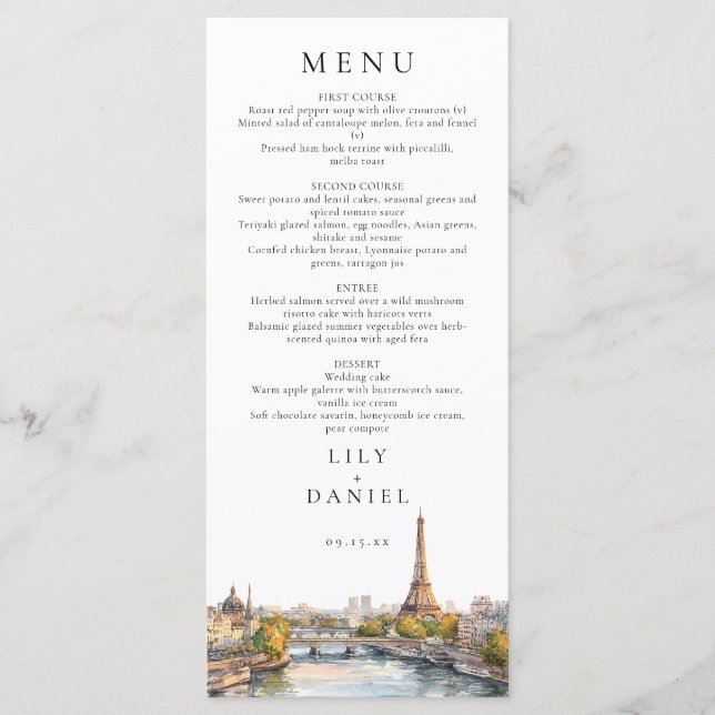 Menu Aquarelle Paris France Destination Mariage (Devant)