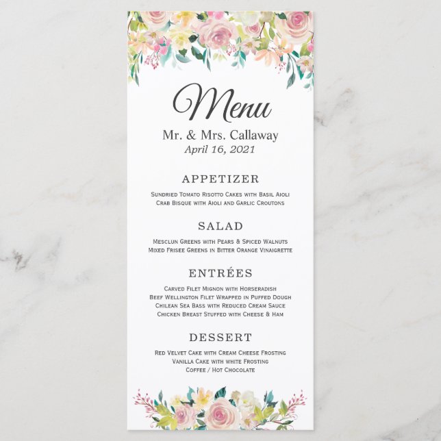 Menu Aquarelle Pastel Blush Chic Floral Mariage (Devant)