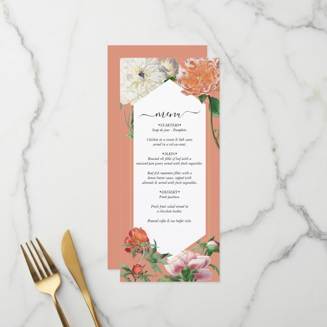 Menu Aquarelle Peach Pink Peonies Mariage (Devant/Arrière en situation)