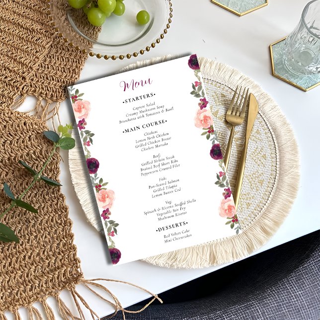 Menu Aquarelle romantique Bourgogne Floral Mariage (Créateur téléchargé)