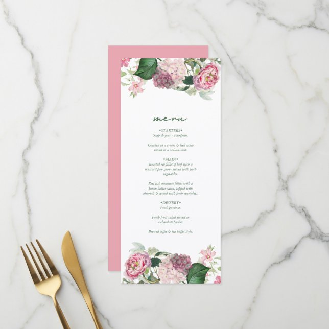 Menu Aquarelle romantique Fleurs roses Mariage de jardi (Devant/Arrière en situation)
