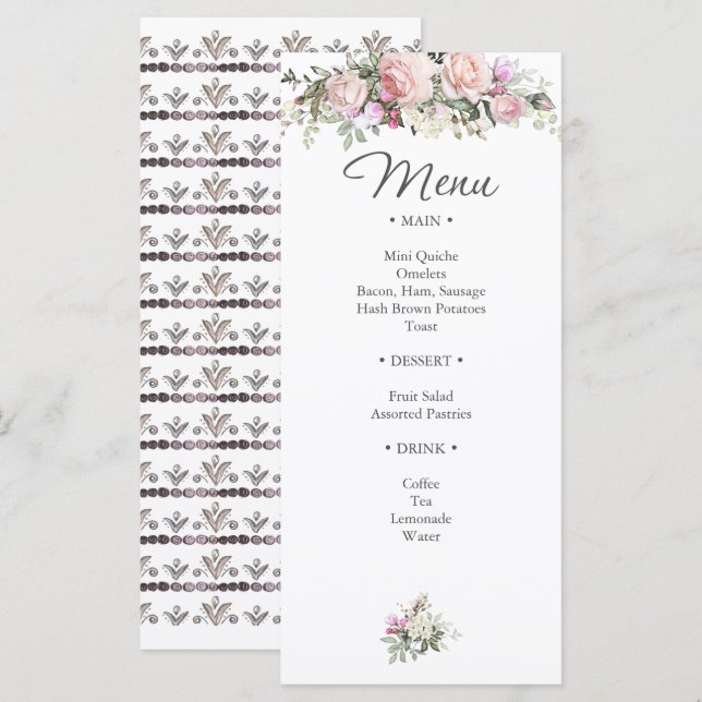 Menu Aquarelle Rose et verdure douche florale (Devant / Derrière)